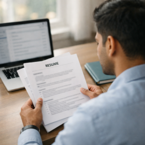 Indian man looking at his resume as he has not received any callbacks