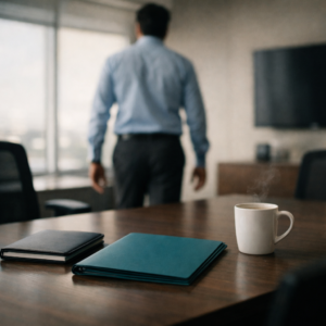 Man ghosted at an interview, turning his back at the viewer
