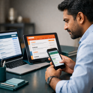 Man looking at various job portals on his laptop, phone and tablet