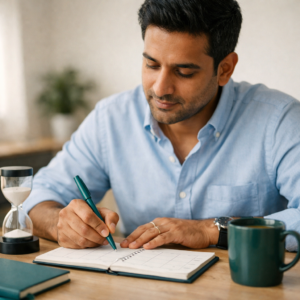 Man writing notes in a notebook at his desk