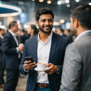 Two Indian professionals talking at a networking event