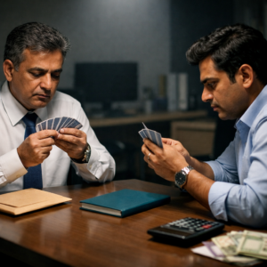 Two Indian professionals playing cards at a job interview