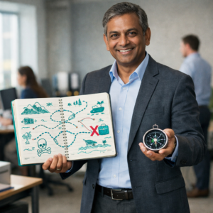 Indian businessman holding a treasure map drawn in a notebook and a compass in his other hand