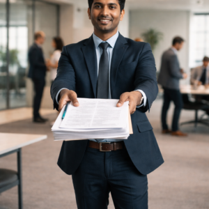 Professional from India presenting a pile of resumes that got rejected
